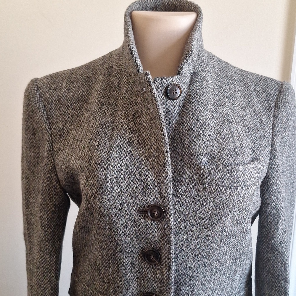 Vintage Harris Tweed Longline Trench Coat Gray Herringbone Handwoven Wool Size M - Picture 8 of 13